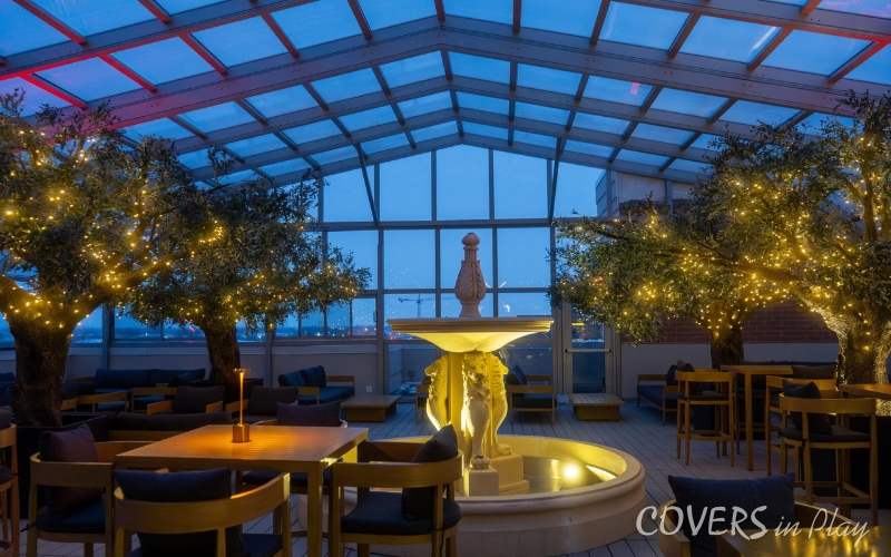 Interior wide view of restaurant bar roof enclosure in Chicago, Illinois