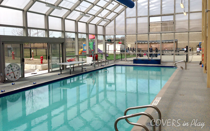Interior view of commercial pool enclosure at Montessori school in Mississauga