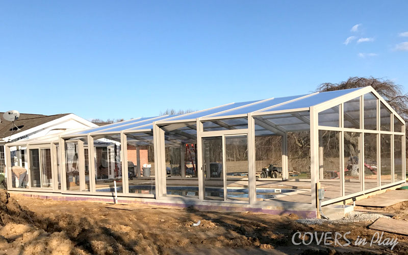 Exterior angled view of a closed pool enclosure in Clayton