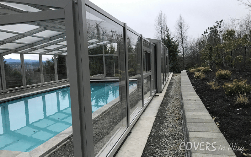 Exterior close-up view of closed swimming pool dome in Edgewood, WA