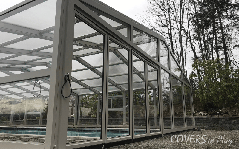 Exterior view of closed residential pool dome in Edgewood, WA