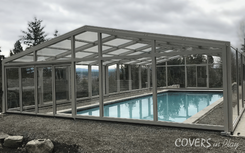 Exterior angled view of free standing residential pool dome in Edgewood, WA