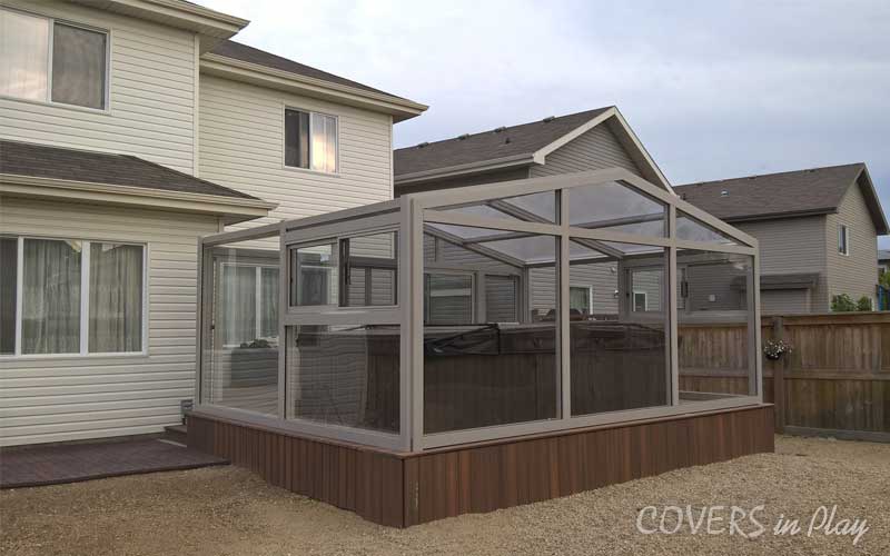 Rear exterior view of a fixed hot tub enclosure in Fort Saskatchewan