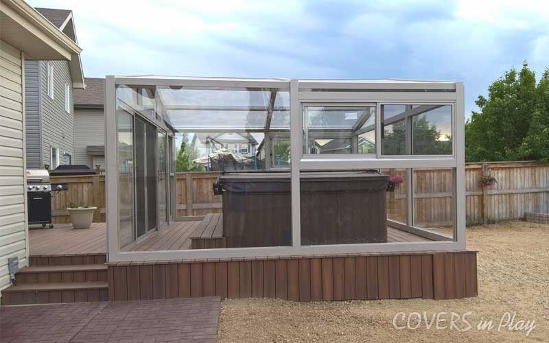 Side exterior view of a fixed swim spa enclosure in Fort Saskatchewan