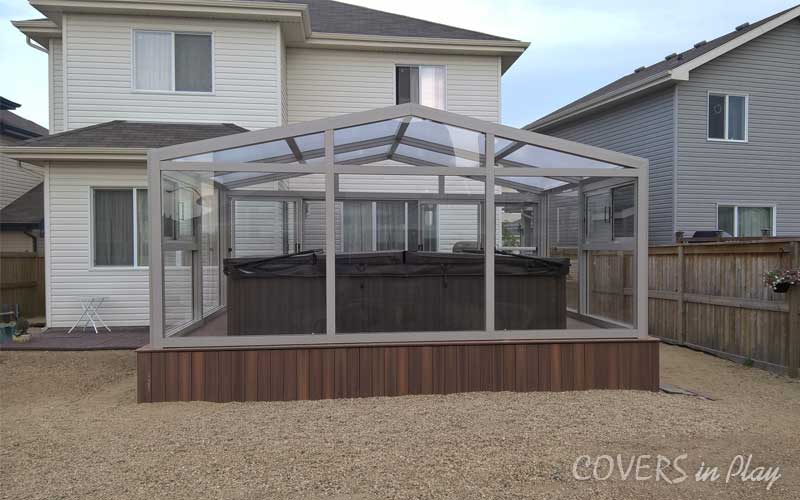 Rear exterior view of a swim spa enclosure in Fort Saskatchewan