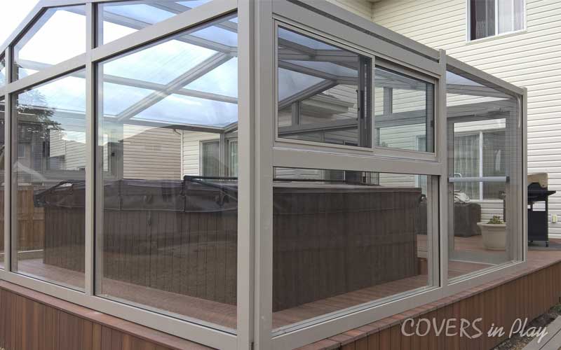 Rear angled exterior view of fixed hot tub enclosure in Fort Saskatchewan