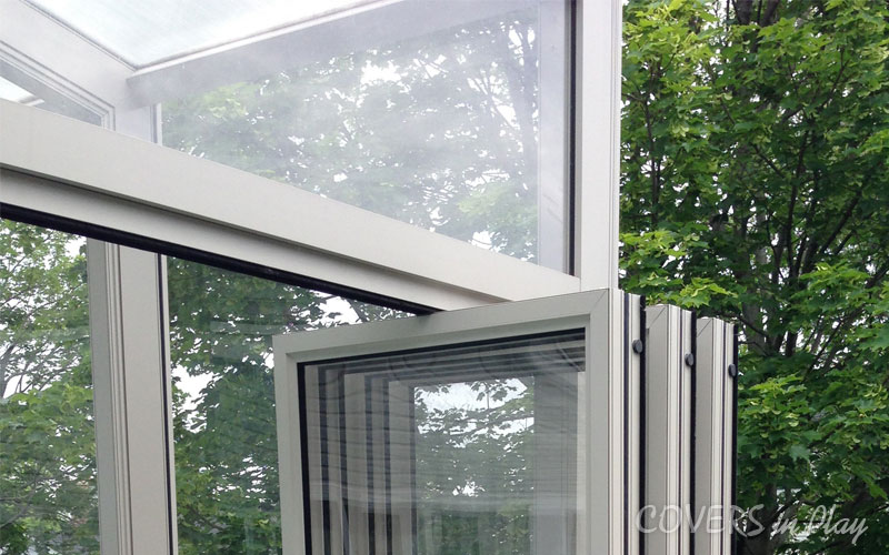 Close-up exterior view of enclosure with folded bi-fold doors