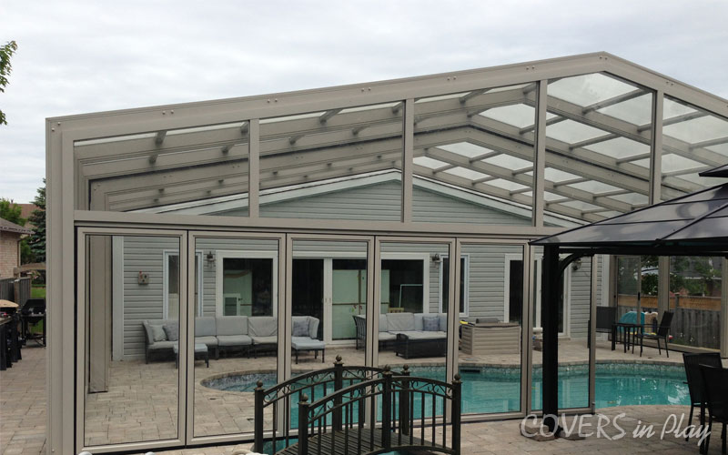 Close-up rear view of swimming pool dome in Holland Landing