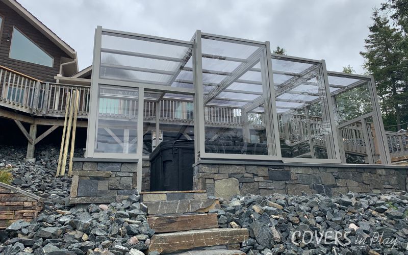 Exterior front view of swim spa enclosure in Kenora, ON
