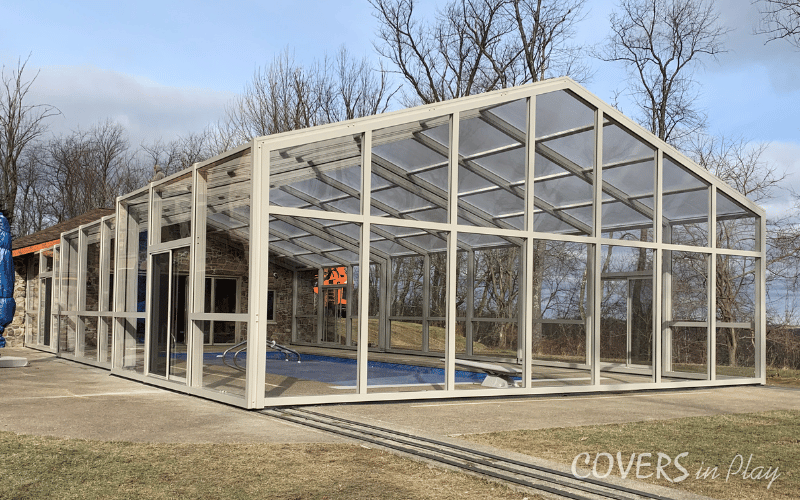 Exterior rear angled view of closed pool enclosure