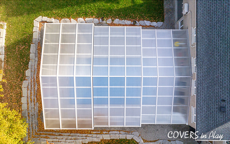 Top view of 3 bay closed pool enclosure with frosted windows in Whitby