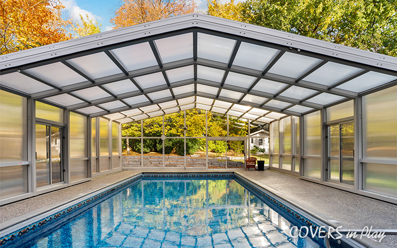 Front view of opened pool enclosure with frosted windows in Whitby