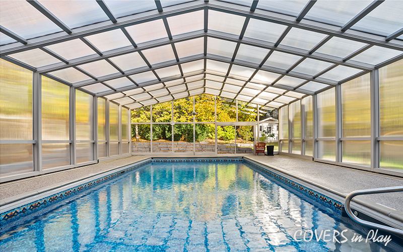 Front view of closed pool enclosure with frosted windows in Whitby