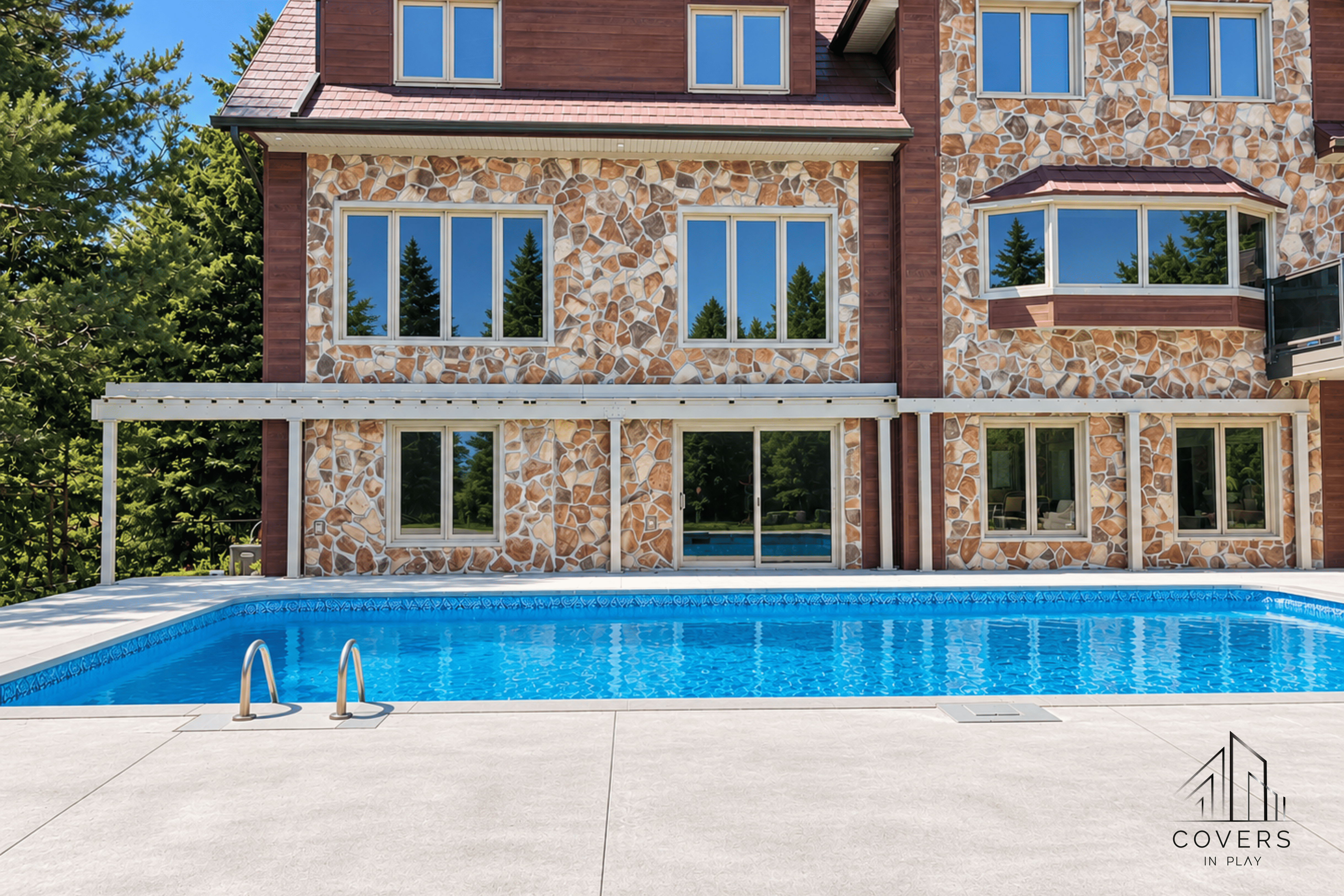 Outdoor Pool Enclosure Attached to Stone House in King City, Ontario