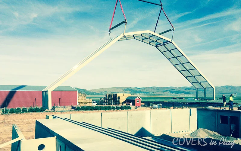 Exterior front view of the construction of swimming pool dome in Nephi, UT